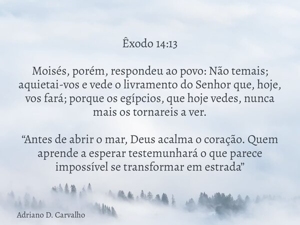 Êxodo 14:13 Moisés, porém, respondeu ao povo: Não temais; aquietai-vos e vede o livramento do Senhor que, hoje, vos fará; porque os egípcios, que hoje vedes, nu... Frase de Adriano D. Carvalho.