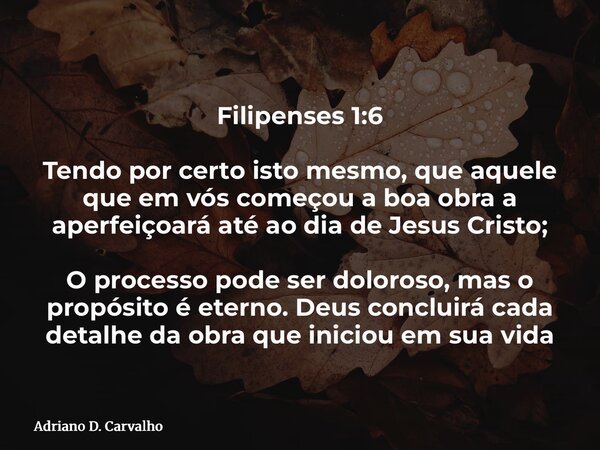 Filipenses 1:6 Tendo por certo isto mesmo, que aquele que em vós começou a boa obra a aperfeiçoará até ao dia de Jesus Cristo; O processo pode ser doloroso, mas... Frase de Adriano D. Carvalho.
