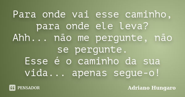 Para onde vai esse caminho, para onde ele leva? Ahh... não me pergunte, não se pergunte. Esse é o caminho da sua vida... apenas segue-o!... Frase de Adriano Hungaro.