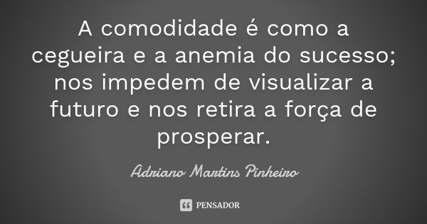 A comodidade é como a cegueira e a anemia do sucesso; nos impedem de visualizar a futuro e nos retira a força de prosperar.... Frase de Adriano Martins Pinheiro.