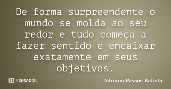 De forma surpreendente o mundo se molda ao seu redor e tudo começa a fazer sentido e encaixar exatamente em seus objetivos.... Frase de Adriano Passos Batista.