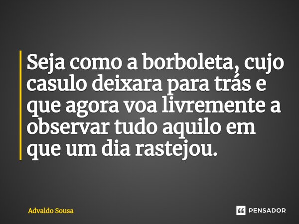 ⁠Seja como a borboleta, cujo casulo deixara para trás e que agora voa livremente a observar tudo aquilo em que um dia rastejou.... Frase de Advaldo Sousa.