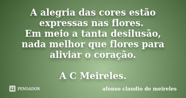 A alegria das cores estão expressas nas flores. Em meio a tanta desilusão, nada melhor que flores para aliviar o coração. A C Meireles.... Frase de afonso claudio de meireles.