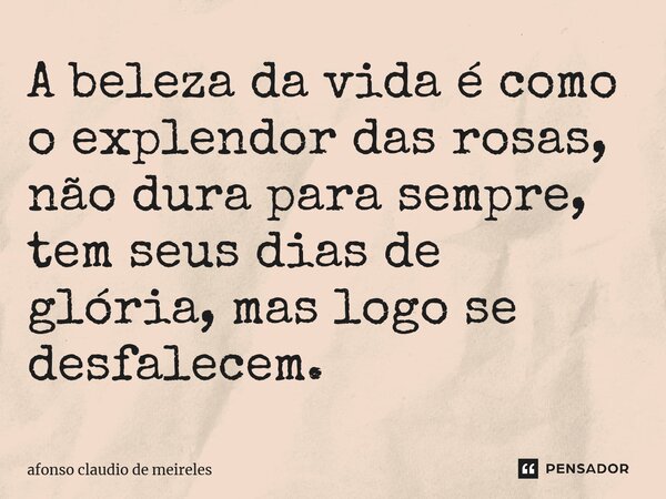 ⁠A beleza da vida é como o esplendor das rosas, não dura para sempre, tem seus dias de glória, mas logo se desfalecem.... Frase de afonso claudio de meireles.