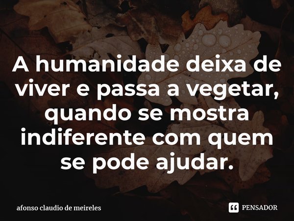 ⁠A humanidade deixa de viver e passa a vegetar, quando se mostra indiferente com quem se pode ajudar.... Frase de afonso claudio de meireles.