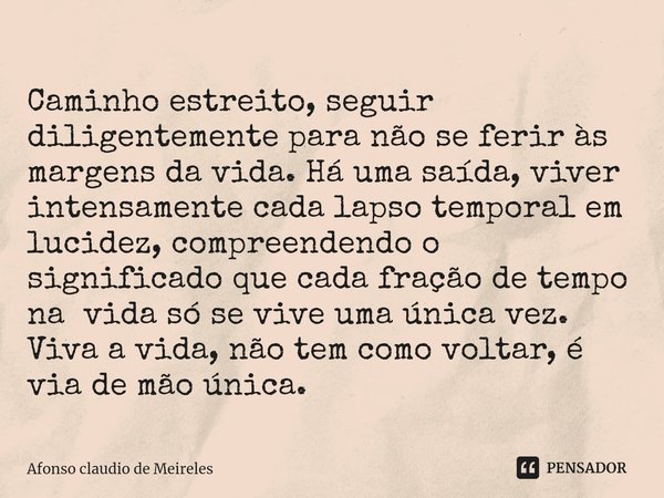 ⁠Caminho estreito, seguir diligentemente para não se ferir às margens da vida. Há uma saída, viver intensamente cada lapso temporal em lucidez, compreendendo o ... Frase de afonso claudio de meireles.