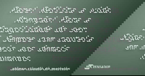 Pare! Reflita a vida. Atenção! Para a fragilidade do ser. Siga! Sempre com cautela em meio aos demais humanos.... Frase de afonso claudio de meireles.