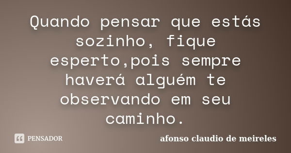 Quando pensar que estás sozinho, fique esperto,pois sempre haverá alguém te observando em seu caminho.... Frase de afonso claudio de meireles.