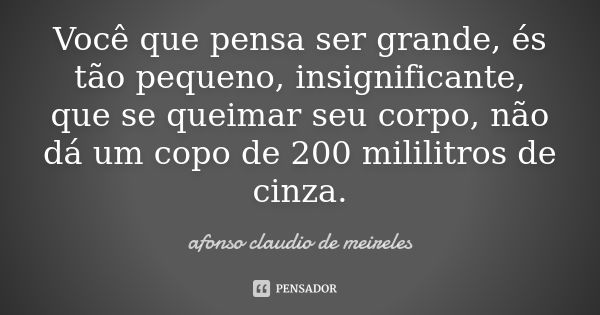 Você que pensa ser grande, és tão pequeno, insignificante, que se queimar seu corpo, não dá um copo de 200 mililitros de cinza.... Frase de afonso claudio de meireles.