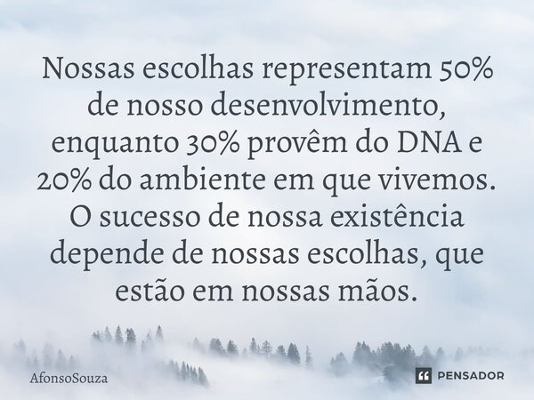 Nossas escolhas representam 50% de nosso desenvolvimento, enquanto 30% provêm do DNA e 20% do ambiente em que vivemos. O sucesso de nossa existência depende de ... Frase de AfonsoSouza.