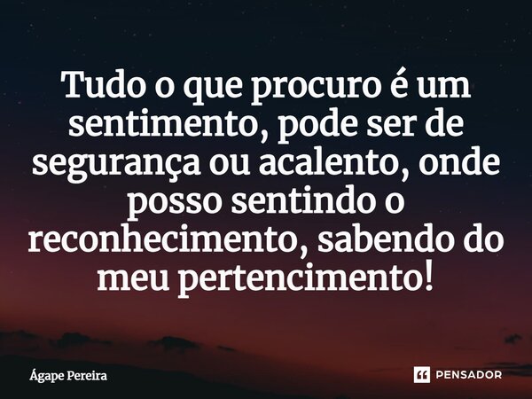 ⁠Tudo o que procuro é um sentimento, pode ser de segurança ou acalento, onde posso sentindo o reconhecimento, sabendo do meu pertencimento!... Frase de Ágape Pereira.