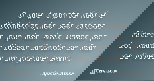 O que importa não é dinheiro,não são coisas fúteis que nós mais vemos por ai, nada disso adianta se não se viveu um grande amor.... Frase de Agatha Bruna.