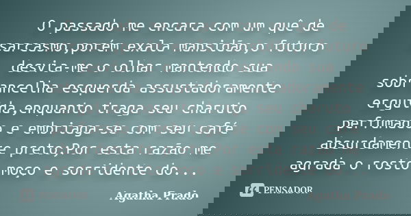 O passado me encara com um quê de sarcasmo,porém exala mansidão,o futuro desvia-me o olhar mantendo sua sobrancelha esquerda assustadoramente erguida,enquanto t... Frase de Agatha Prado.