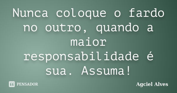 Nunca coloque o fardo no outro, quando a maior responsabilidade é sua. Assuma!... Frase de Agciel Alves.