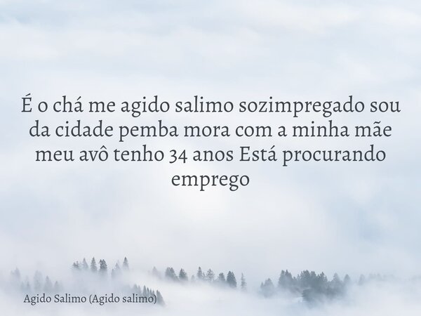 É o chá me agido salimo sozimpregado sou da cidade pemba mora com a minha mãe meu avô tenho 34 anos Está procurando emprego... Frase de Agido Salimo (Agido salimo).