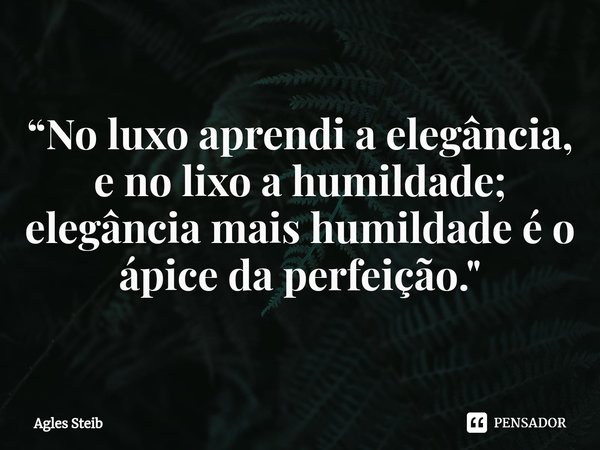 ⁠“No luxo aprendi a elegância, e no lixo a humildade; elegância mais humildade é o ápice da perfeição."... Frase de Agles Steib.