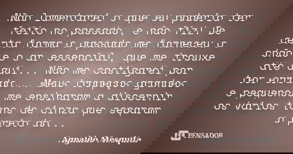 Não lamentarei o que eu poderia ter feito no passado, e não fiz! De certa forma o passado me forneceu o chão e o ar essencial, que me trouxe até aqui... Não me ... Frase de Agnaldo Mesquita.