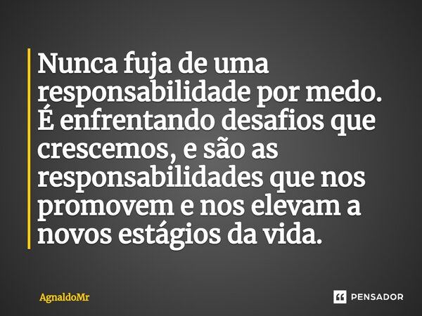 ⁠Nunca fuja de uma responsabilidade por medo. É enfrentando desafios que crescemos, e são as responsabilidades que nos promovem e nos elevam a novos estágios da... Frase de AgnaldoMr.