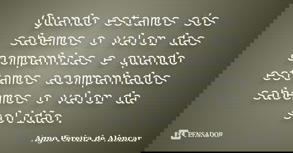 Quando estamos sós sabemos o valor das companhias e quando estamos acompanhados sabemos o valor da solidão.... Frase de Agno Pereira de Alencar.