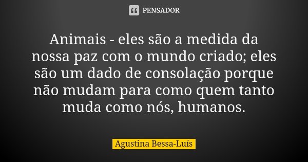 Animais - eles são a medida da nossa paz com o mundo criado; eles são um dado de consolação porque não mudam para como quem tanto muda como nós, humanos.... Frase de Agustina Bessa-Luís.