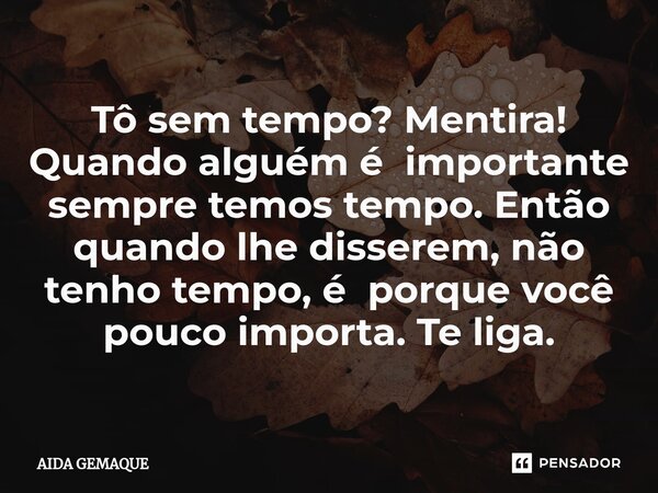 ⁠Tô sem tempo? Mentira! Quando alguém é importante sempre temos tempo. Então quando lhe disserem, não tenho tempo, é porque você pouco importa. Te liga.... Frase de AIDA GEMAQUE.