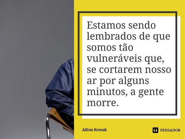 ⁠Estamos sendo lembrados de que somos tão vulneráveis que, se cortarem nosso ar por alguns minutos, a gente morre.... Frase de Ailton Krenak.