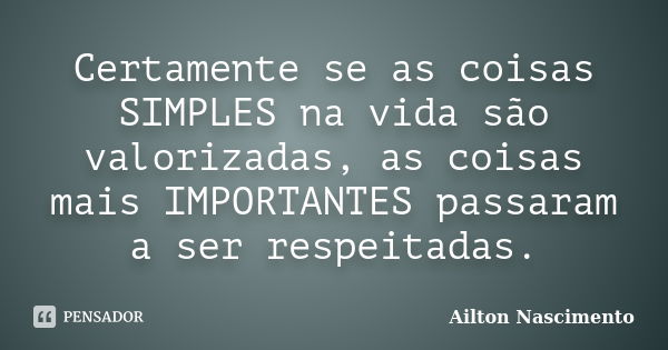 Certamente se as coisas SIMPLES na vida são valorizadas, as coisas mais IMPORTANTES passaram a ser respeitadas.... Frase de Ailton Nascimento.