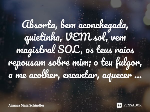 Absorta, bem aconchegada, quietinha, VEM sol, vem magistral SOL, os teus raios repousam sobre mim; o teu fulgor, a me acolher, encantar, aquecer ...⁠... Frase de Aimara Maia Schindler.