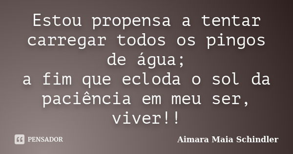 Estou propensa a tentar carregar todos os pingos de água; a fim que ecloda o sol da paciência em meu ser, viver!!... Frase de Aimara Maia Schindler.