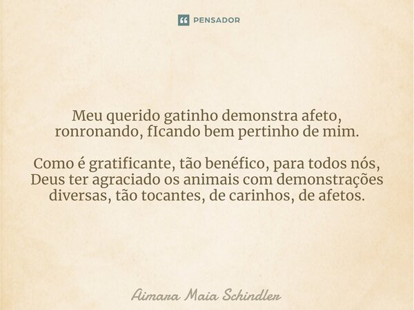 ⁠Meu querido gatinho demonstra afeto, ronronando, fIcando bem pertinho de mim. Como é gratificante, tão benéfico, para todos nós, Deus ter agraciado os animais ... Frase de Aimara Maia Schindler.