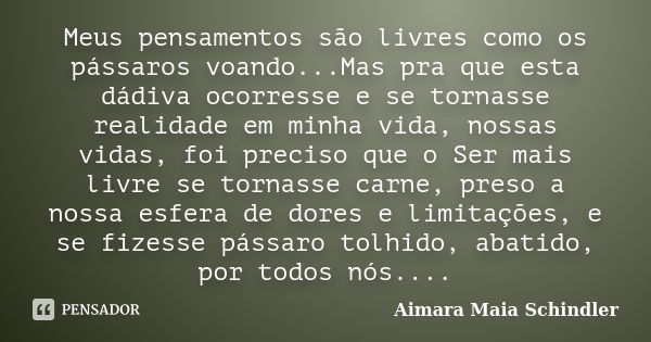 Meus pensamentos são livres como os pássaros voando...Mas pra que esta dádiva ocorresse e se tornasse realidade em minha vida, nossas vidas, foi preciso que o S... Frase de Aimara Maia Schindler.