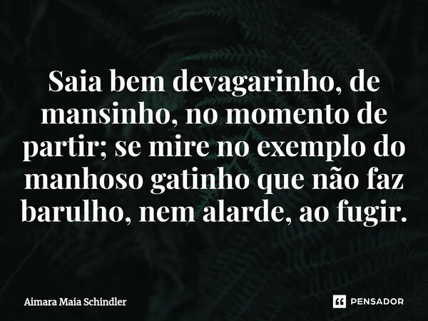 Saia bem devagarinho, de mansinho, no momento de partir; se mire no exemplo do manhoso gatinho que não faz barulho, nem alarde, ao fugir.⁠... Frase de Aimara Maia Schindler.