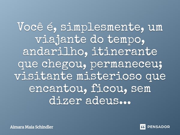 Você é, simplesmente, um viajante do tempo, andarilho, itinerante que chegou, permaneceu; visitante misterioso que encantou, ficou, sem dizer adeus...... Frase de Aimara Maia Schindler.