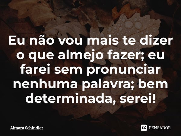 Eu não vou mais te dizer o que almejo fazer; eu farei sem pronunciar nenhuma palavra; bem determinada, serei!⁠... Frase de Aimara Schindler.