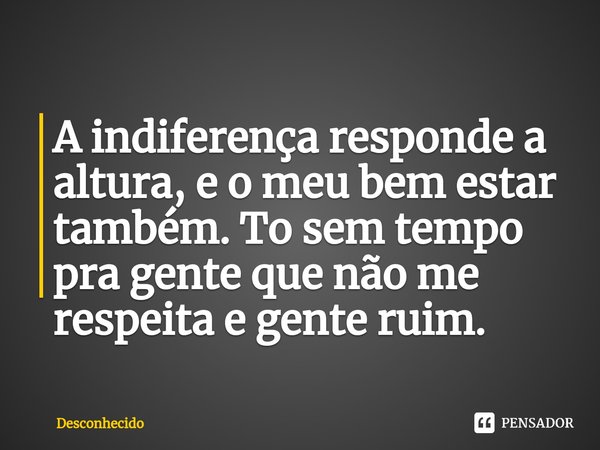 ⁠A indiferença responde a altura, e o meu bem estar também. To sem tempo pra gente que não me respeita e gente ruim.