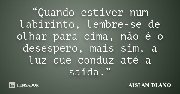 “Quando estiver num labirinto, lembre-se de olhar para cima, não é o desespero, mais sim, a luz que conduz até a saída.”... Frase de Aislan Dlano.