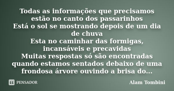 Todas as informações que precisamos estão no canto dos passarinhos Está o sol se mostrando depois de um dia de chuva Esta no caminhar das formigas, incansáveis ... Frase de Alam Tombini.