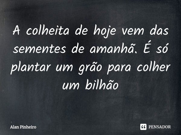 ⁠A colheita de hoje vem das sementes de amanhã. É só plantar um grão para colher um bilhão... Frase de Alan Pinheiro.