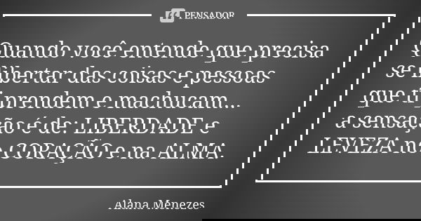Quando você entende que precisa se libertar das coisas e pessoas que ti prendem e machucam... a sensação é de: LIBERDADE e LEVEZA no CORAÇÃO e na ALMA.... Frase de Alana Menezes.