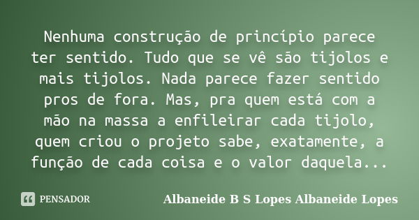 Nenhuma construção de princípio parece ter sentido. Tudo que se vê são tijolos e mais tijolos. Nada parece fazer sentido pros de fora. Mas, pra quem está com a ... Frase de Albaneide B S Lopes  Albaneide Lopes.