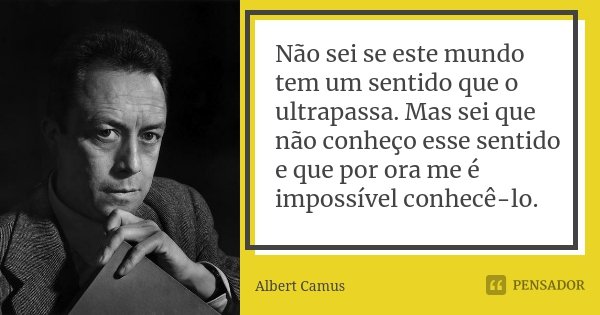 Não sei se este mundo tem um sentido que o ultrapassa. Mas sei que não conheço esse sentido e que por ora me é impossível conhecê-lo.... Frase de Albert Camus.