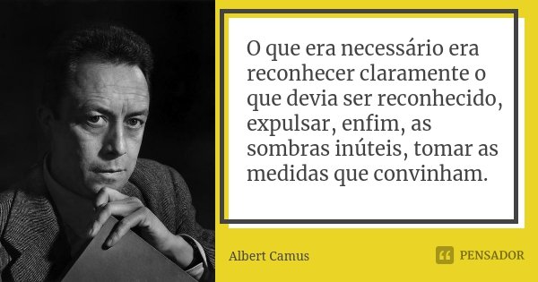 O que era necessário era reconhecer claramente o que devia ser reconhecido, expulsar, enfim, as sombras inúteis, tomar as medidas que convinham.... Frase de Albert Camus.