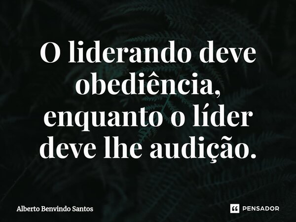 ⁠O liderando deve obediência, enquanto o líder deve lhe audição.... Frase de ALBERTO BENVINDO SANTOS.