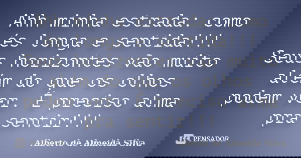 Ahh minha estrada: como és longa e sentida!!! Seus horizontes vão muito além do que os olhos podem ver. É preciso alma pra sentir!!!... Frase de Alberto de Almeida Silva.