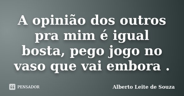 A opinião dos outros pra mim é igual bosta, pego jogo no vaso que vai embora .... Frase de Alberto Leite De Souza.