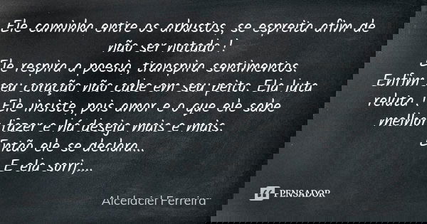 Ele caminha entre os arbustos, se espreita afim de não ser notado ! Ele respira a poesia, transpira sentimentos. Enfim seu coração não cabe em seu peito. Ela lu... Frase de Alcelaciel Ferreira.