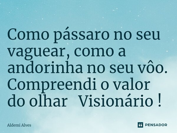 ⁠Como pássaro no seu vaguear, como a andorinha no seu vôo. Compreendi o valor do olhar Visionário !... Frase de Aldemi Alves.