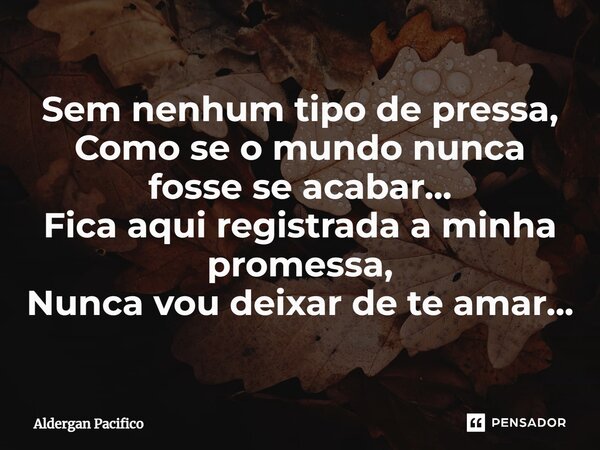 ⁠Sem nenhum tipo de pressa, Como se o mundo nunca fosse se acabar... Fica aqui registrada a minha promessa, Nunca vou deixar de te amar...... Frase de Aldergan Pacifico.