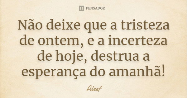 Não deixe que a tristeza de ontem, e a incerteza de hoje, destrua a esperança do amanhã!... Frase de Aleef.