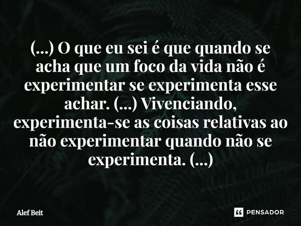 (...) O que eu sei é que quando se acha que um foco da vida não é experimentar se experimenta esse achar. (...) Vivenciando, experimenta-se as coisas relativas... Frase de Alef Beit.